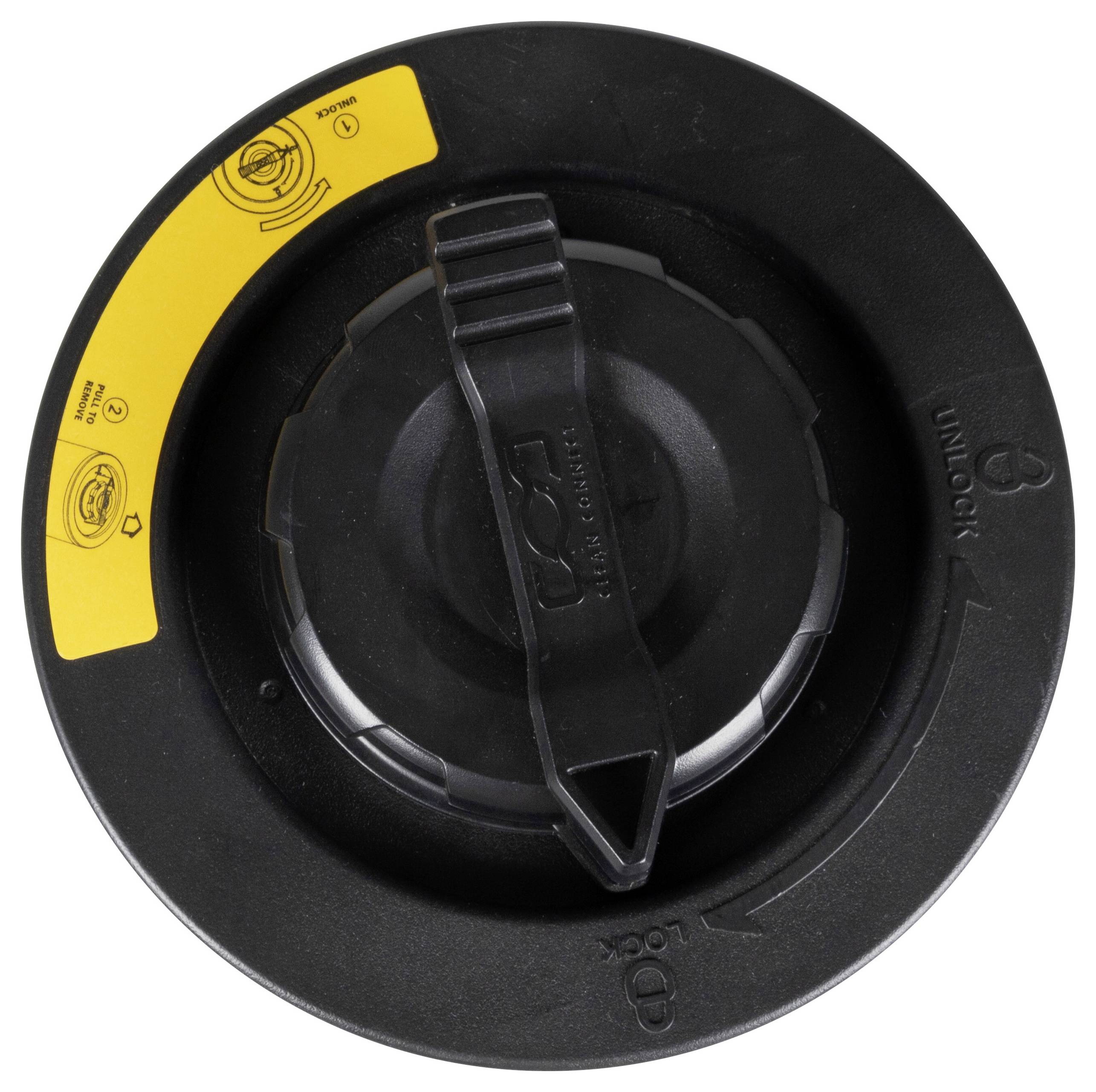 'Open fuel cap in black with safety information marked in yellow. "Lock" and "Unlock" symbols are embossed on the surface.'