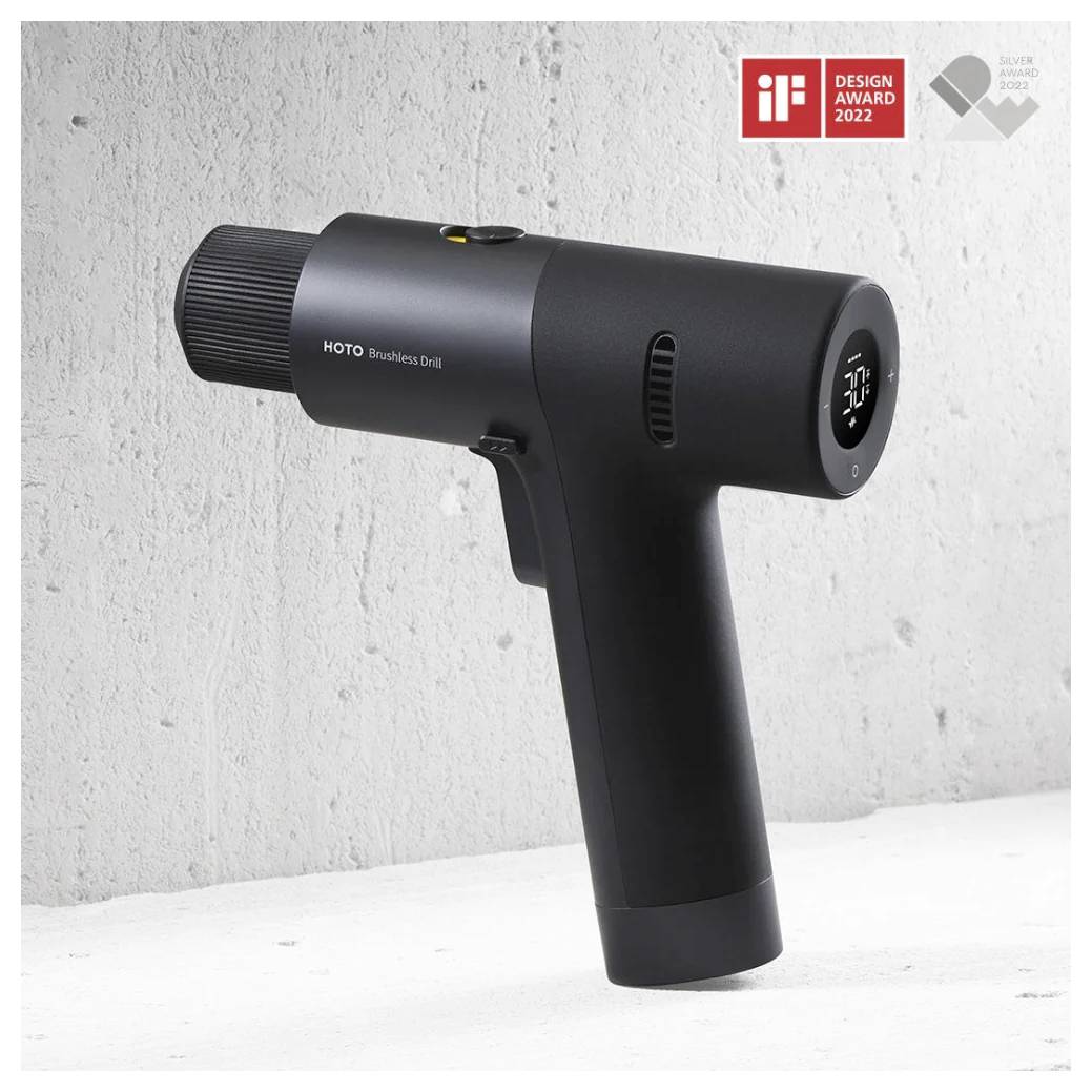 A sleek black brushless drill with awards 'iF DESIGN AWARD 2022' and 'K-Design Award 2022' in the top right corner.