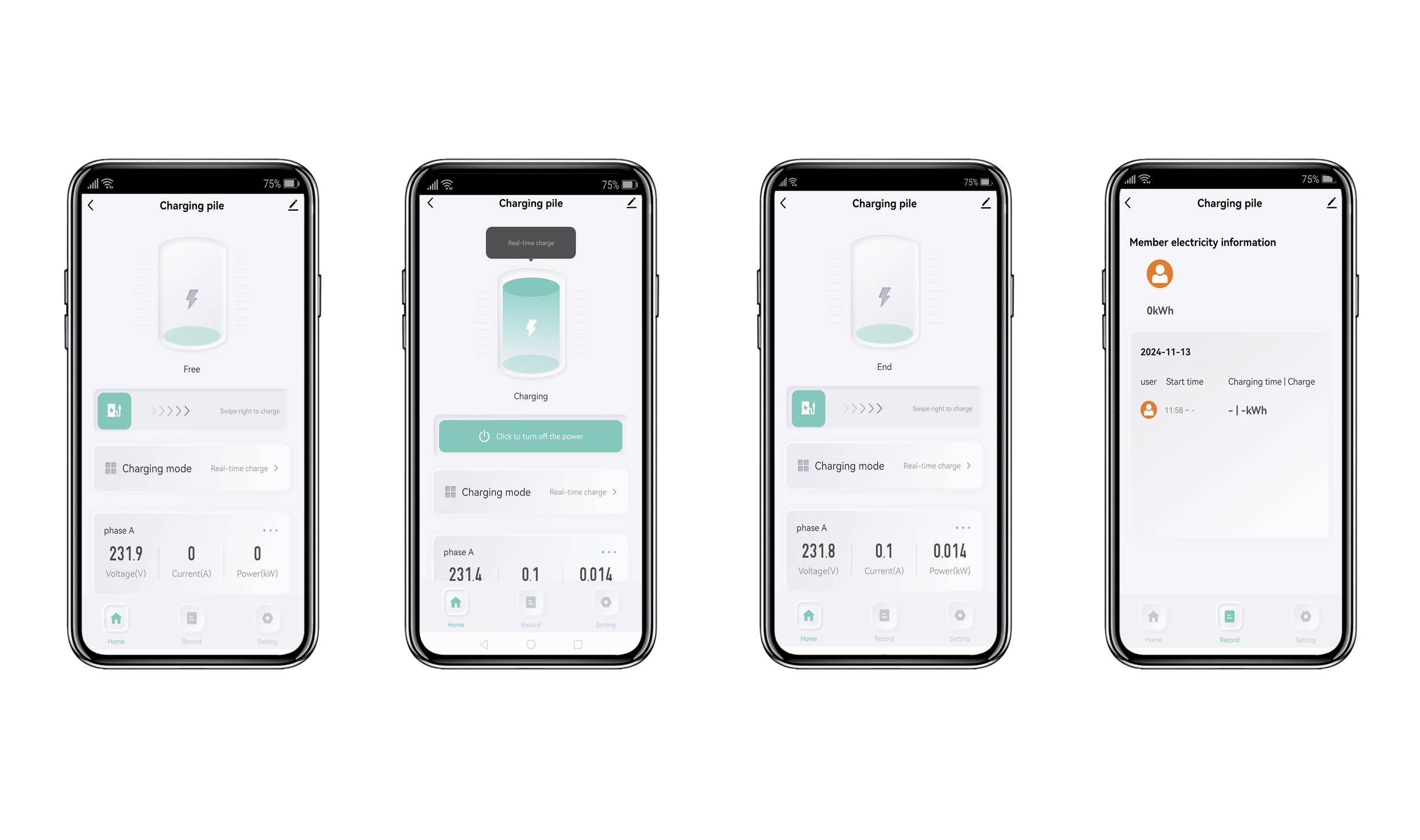 Four smartphone screens display an electric vehicle charging app. Displays: battery status, charging mode, energy charged, and charging statistics.