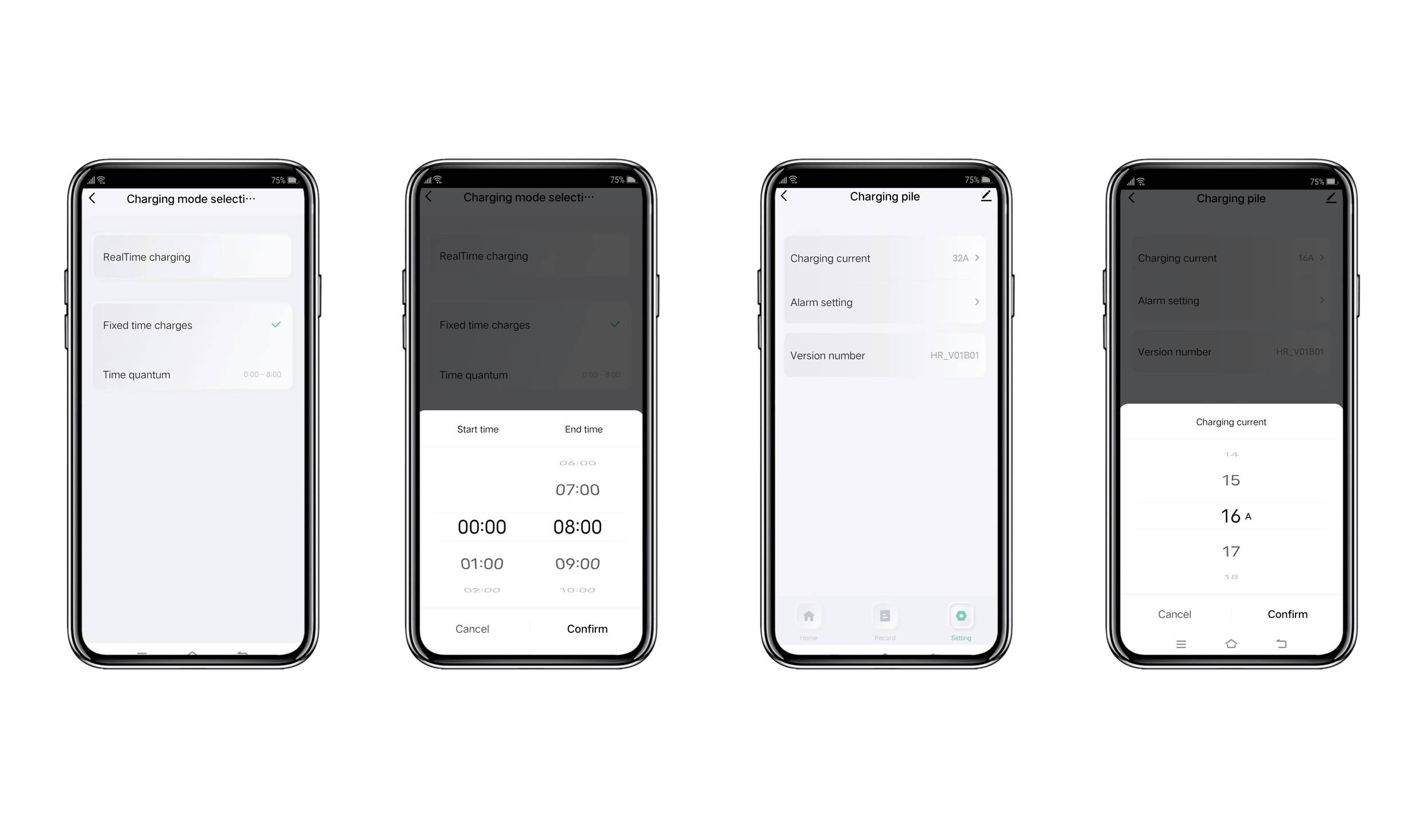 Four smartphones display charging mode settings. The first shows 'Real-time charging', the second 'Fixed time charging', with the others indicating various charging options.