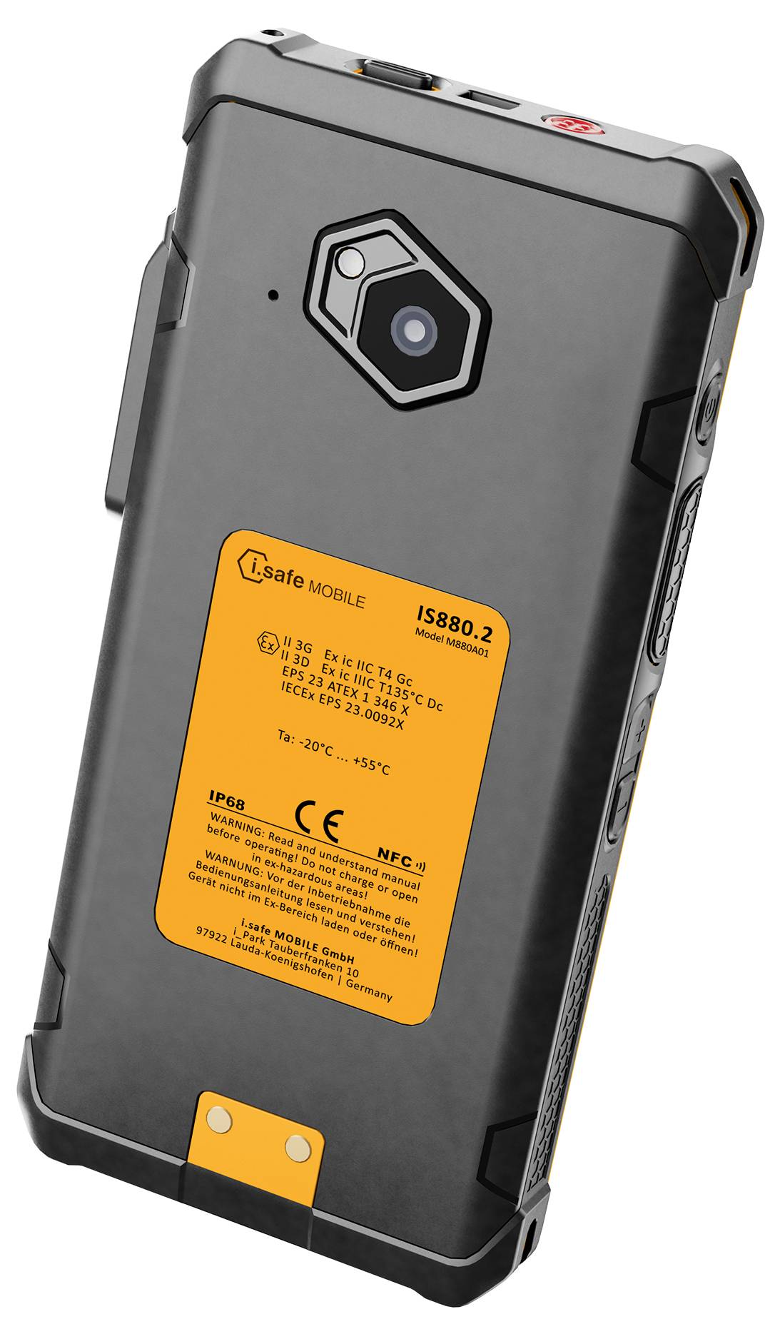 Robust black device with a yellow label on the back, camera visible on top. The label contains technical specifications.