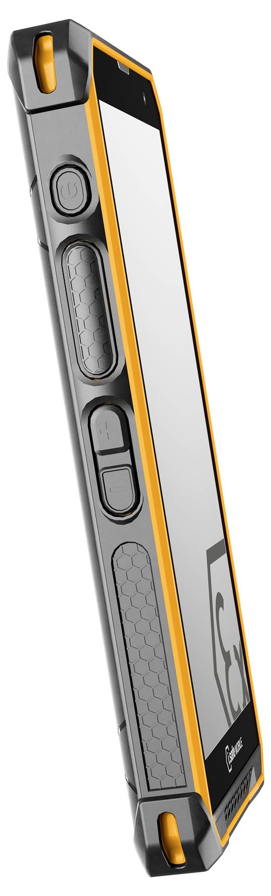 Smartphone with a robust casing, grey and orange accents, side view showing buttons and textured surface.