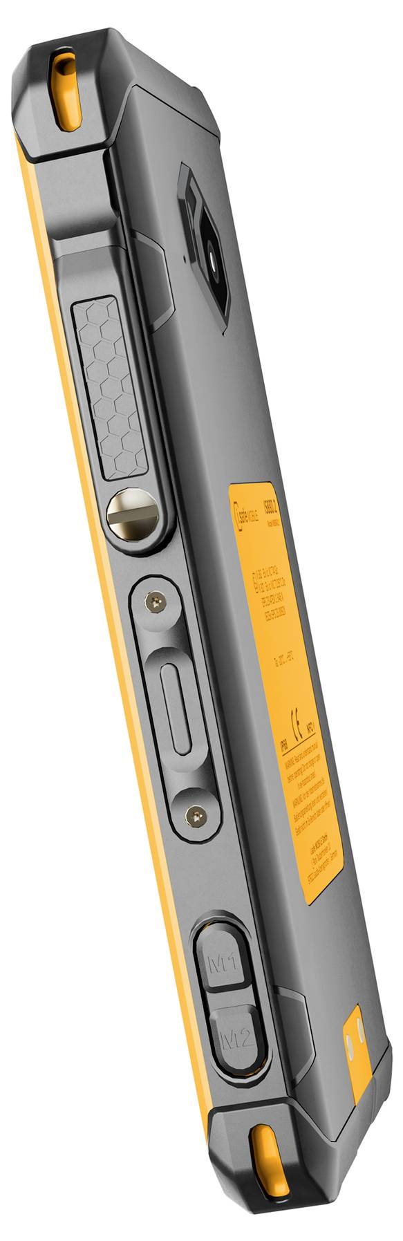 Side view of a robust, orange-grey smartphone with a durable casing that offers drop and impact resistance.