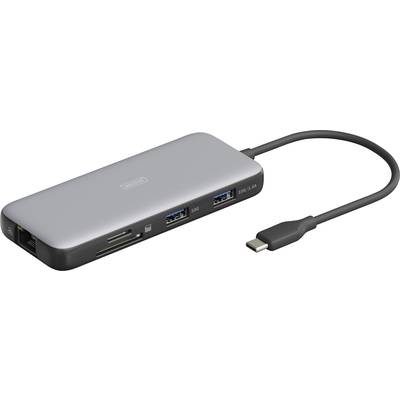 A silver USB-C hub with multiple ports, including Ethernet, USB 3.0 and card reader. Connected via a short USB-C cable.