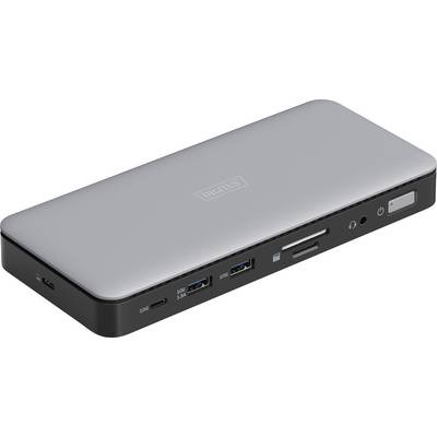 A silver USB docking station with various ports, including USB ports, an SD card reader, and audio sockets, is used for connecting devices.
