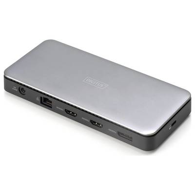A silver, rectangular computer docking station device with multiple ports, including HDMI and Ethernet.