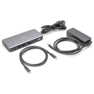 Docking station with power supply and cables. Includes multiple USB, HDMI, and display ports to expand device connections.