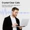 A man wearing earplugs speaks into a microphone while holding a laptop. The background displays a sound wave. Text: 'Crystal-Clear Calls'.