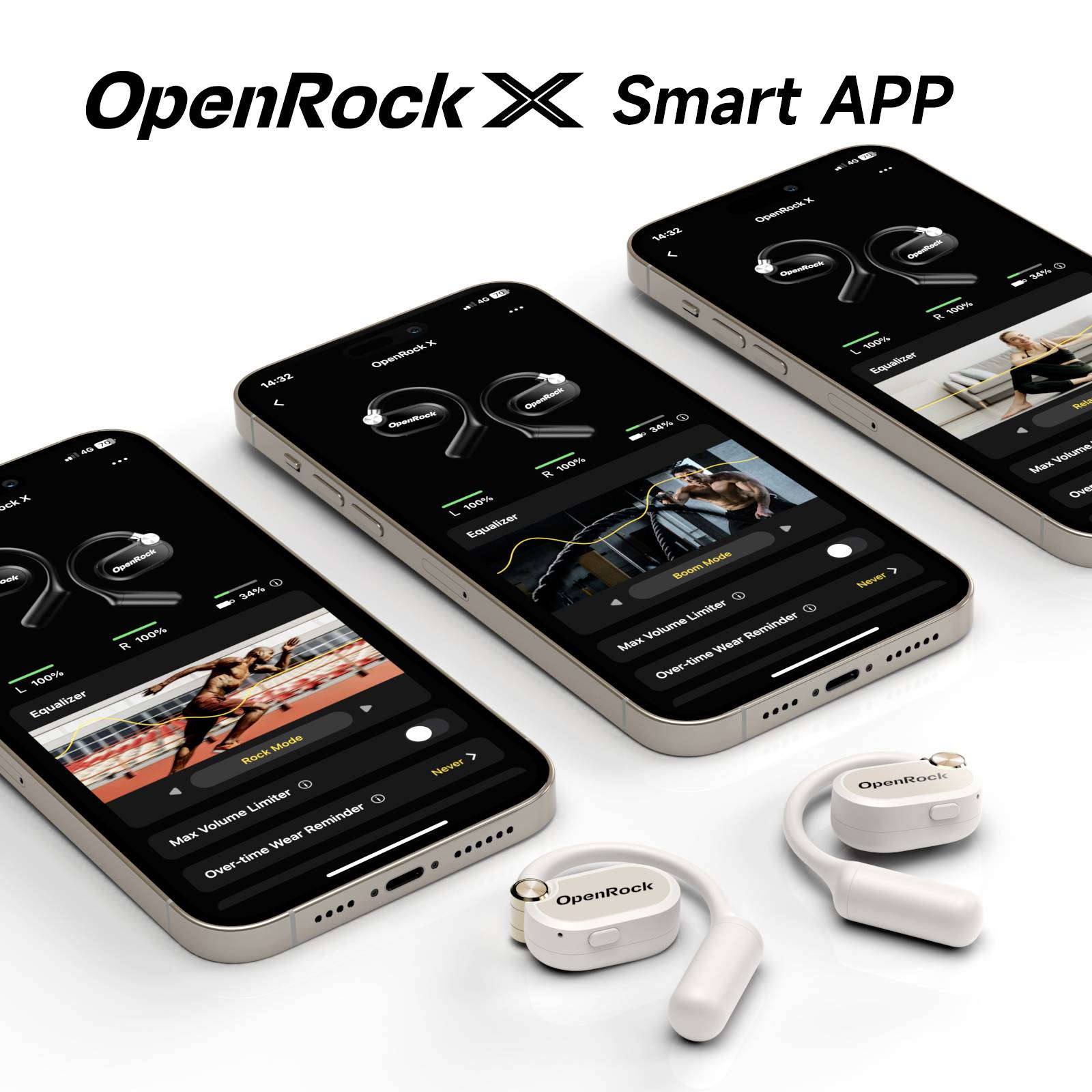 Smartphone with the OpenRock X app open and wireless earbuds in the foreground. The app displays fitness tracking data.