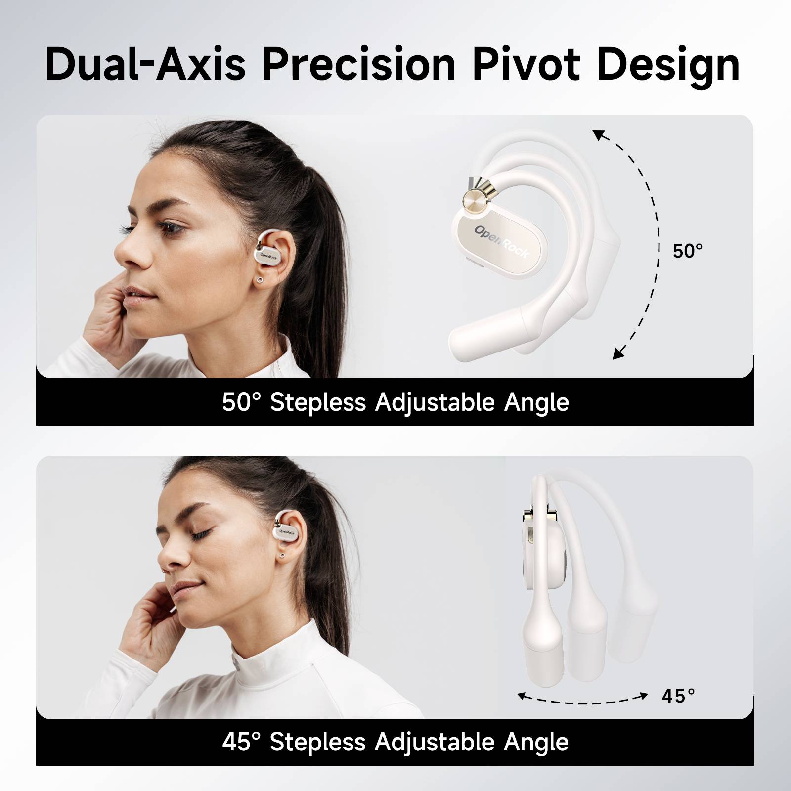 Woman with earphones demonstrates a flexible 50° and 45° movement for precise sound positioning; focus on dual pivot axes.