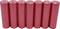 Seven red cylindrical batteries are standing upright next to each other.