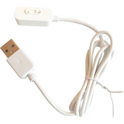 A white USB charging cable with a magnetic connector, suitable for specific devices, lies loosely coiled on the floor.