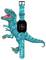 A blue dinosaur toy that serves as a wristwatch, with a printed dial on the body of the dinosaur.