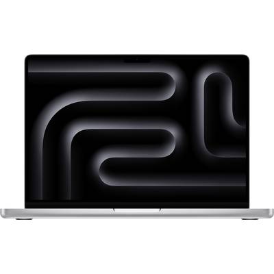 A laptop with a dark screen background displaying abstract, curved lines. Device in an open position.