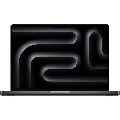A laptop with a screen displaying an abstract, curved line pattern in dark grey on a black background.