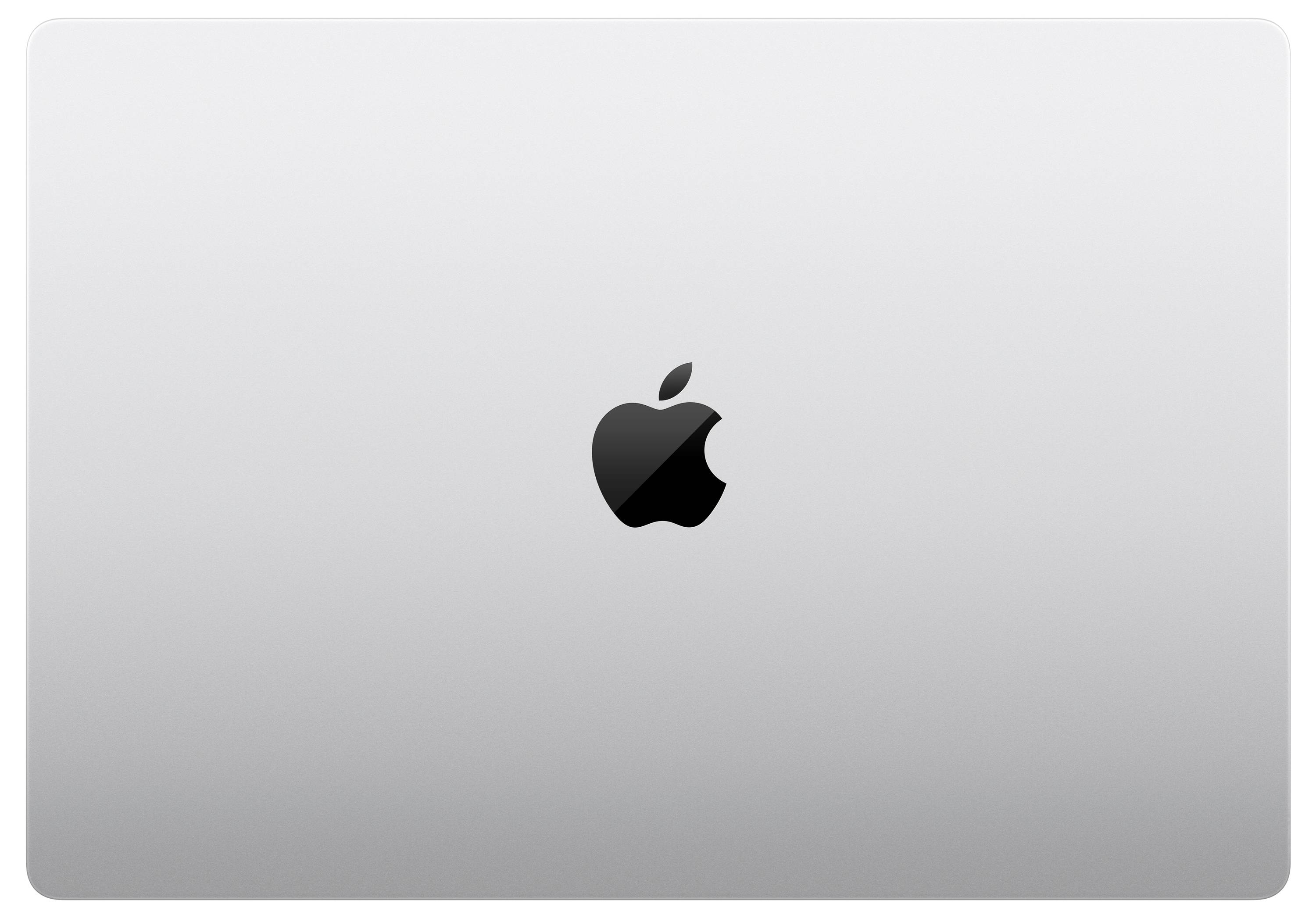 Silver laptop with a black Apple logo in the centre.