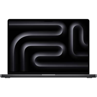 A laptop with a screen background of curved, grey lines on a black background.
