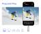Smartphone displays video of a skier in a blue jacket and yellow trousers on a ski slope. Text reads 'Plug and Play'. Device connection symbols.