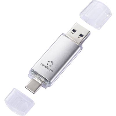 Silver USB flash drive with USB-A and USB-C connectors, shown with two clear protective caps removed and floating nearby.