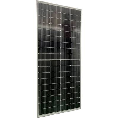 A single solar panel with a rectangular shape and numerous dark solar cells arranged in uniform rows.