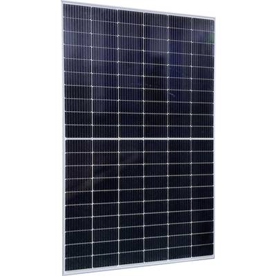 Solar panel with black photovoltaic cells, mounted in a rectangular frame. It is used for converting sunlight into electricity.