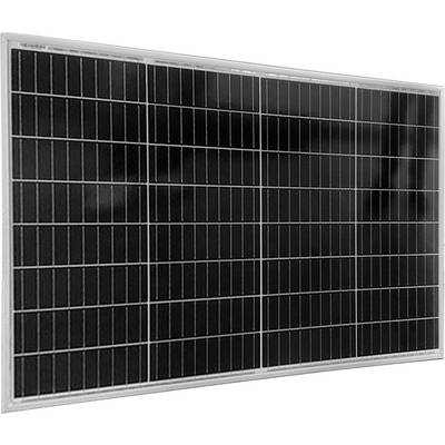 A rectangular solar panel with multiple rows of dark solar cells, framed in silver, for generating electricity through sunlight.