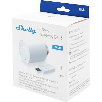 'Shelly TRV & Gateway Gen3 Pack' with Bluetooth Thermostatic Radiator Valve and Gateway, shown with product information.