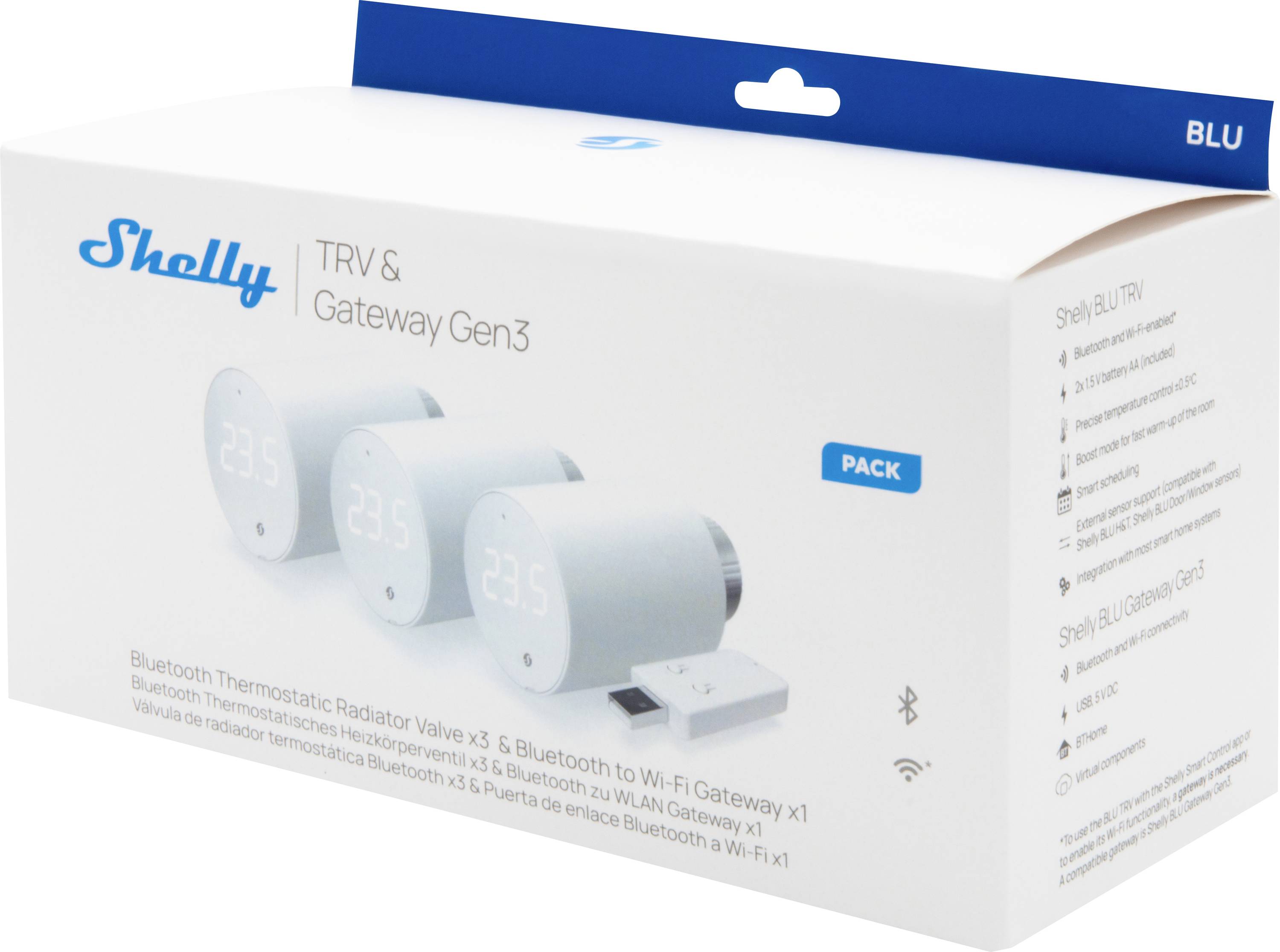 Shelly Shelly BLU TRV Heizkoerperthermostat 3-er Pack Gateway, Thermostatic radiator valve Bluetooth Low Energy, Wi-Fi