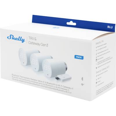 Packaging for the 'Shelly TRV & Gateway Gen3', displaying three Bluetooth thermostatic radiator valves and a gateway, used for controlling radiators.