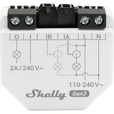 'Smart relay Shelly Gen3 with circuit diagram on the front. Shows connection terminals and electrical specifications of 110-240V/2A.'