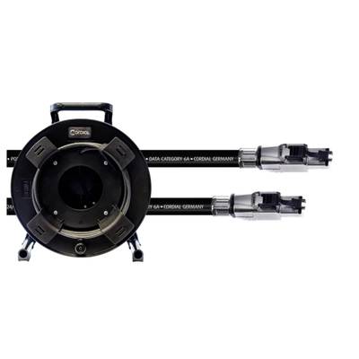 A black cable on a cable drum, labelled with 'DATA CATEGORY 6A' and 'CORDIAL GERMANY', with two metal connectors.