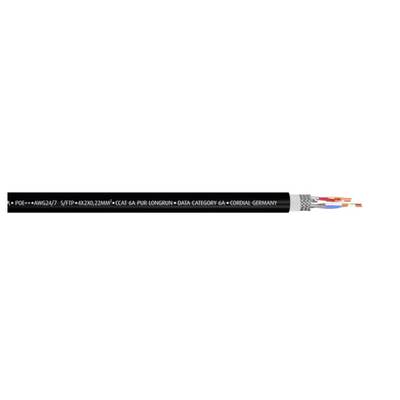 Network cable with multiple twisted pairs for data transmission. Label: 'STP-CAT.7-S/FTP-24X2/0.22BC'.