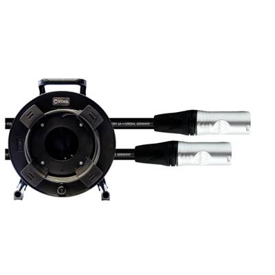 'Cable drum with wound cables and two silver connectors. Suitable for professional audio or video use.'