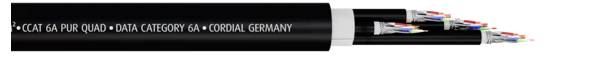 A black network cable with the inscription 'CAT.6A F/FTP CUBO. DATA CATEGORY 6A. MADE IN GERMANY', shows the cable structure.