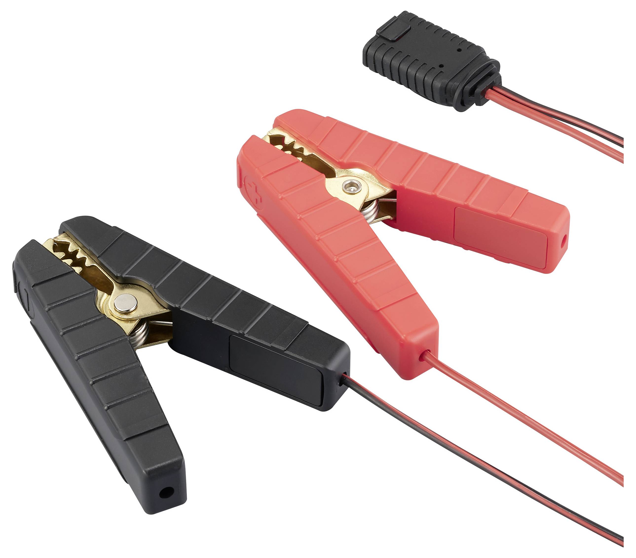 Red and black jump lead clamps with connecting cables. They are used to start vehicles using the battery.