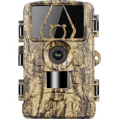 A camouflaged wildlife camera with a tree bark appearance, featuring a lens and motion sensor. Ideal for monitoring wildlife in natural environments.