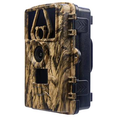 A wildlife camera with camouflage housing and lens at the front, suitable for outdoor surveillance. It has clips for securing the sides.