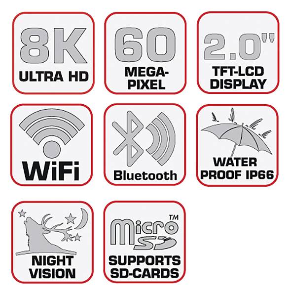 Symbols show: '8K Ultra HD', '60 Megapixel', '2.0" TFT-LCD Display', 'Wi-Fi', 'Bluetooth', 'Waterproof IP66', 'Night Vision', 'Supports SD Cards'.