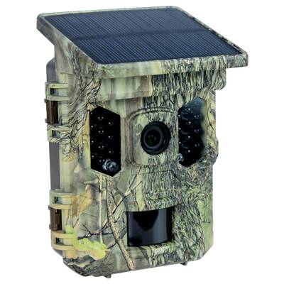 Camera with camouflage pattern and solar panel, developed for outdoor wildlife observation.