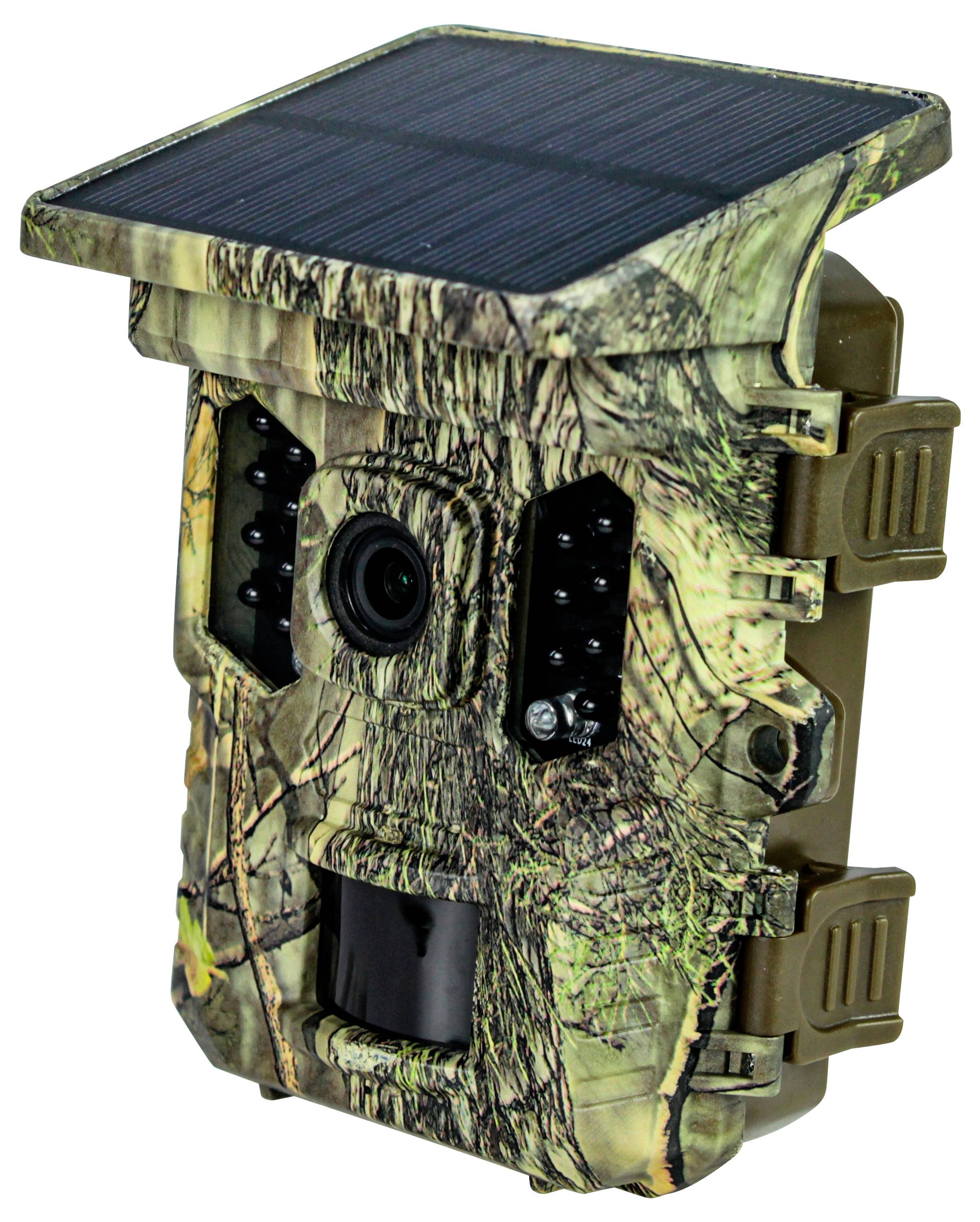 Wildlife camera in camouflage colours with solar panel on top, LED lights and sensor. Ideal for monitoring wildlife in their natural habitat.