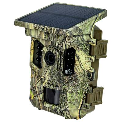 Wildlife camera in camouflage colours with solar panel on top, LED lights and sensor. Ideal for monitoring wildlife in their natural habitat.