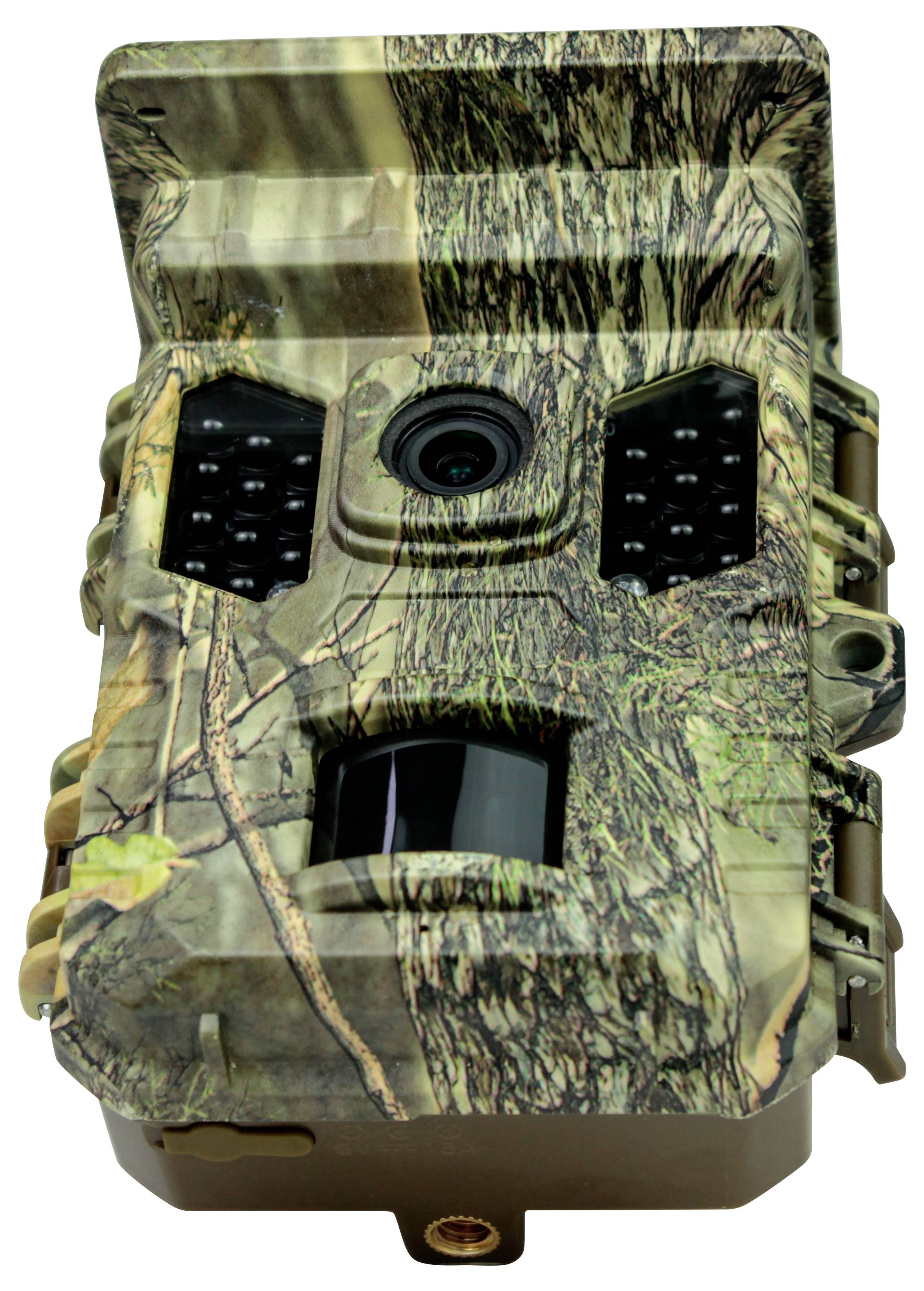 Camouflage-coloured wildlife camera with lens and infrared sensors for capturing animals in their natural habitat.