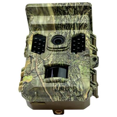 Camouflage-coloured wildlife camera with lens and infrared sensors for capturing animals in their natural habitat.