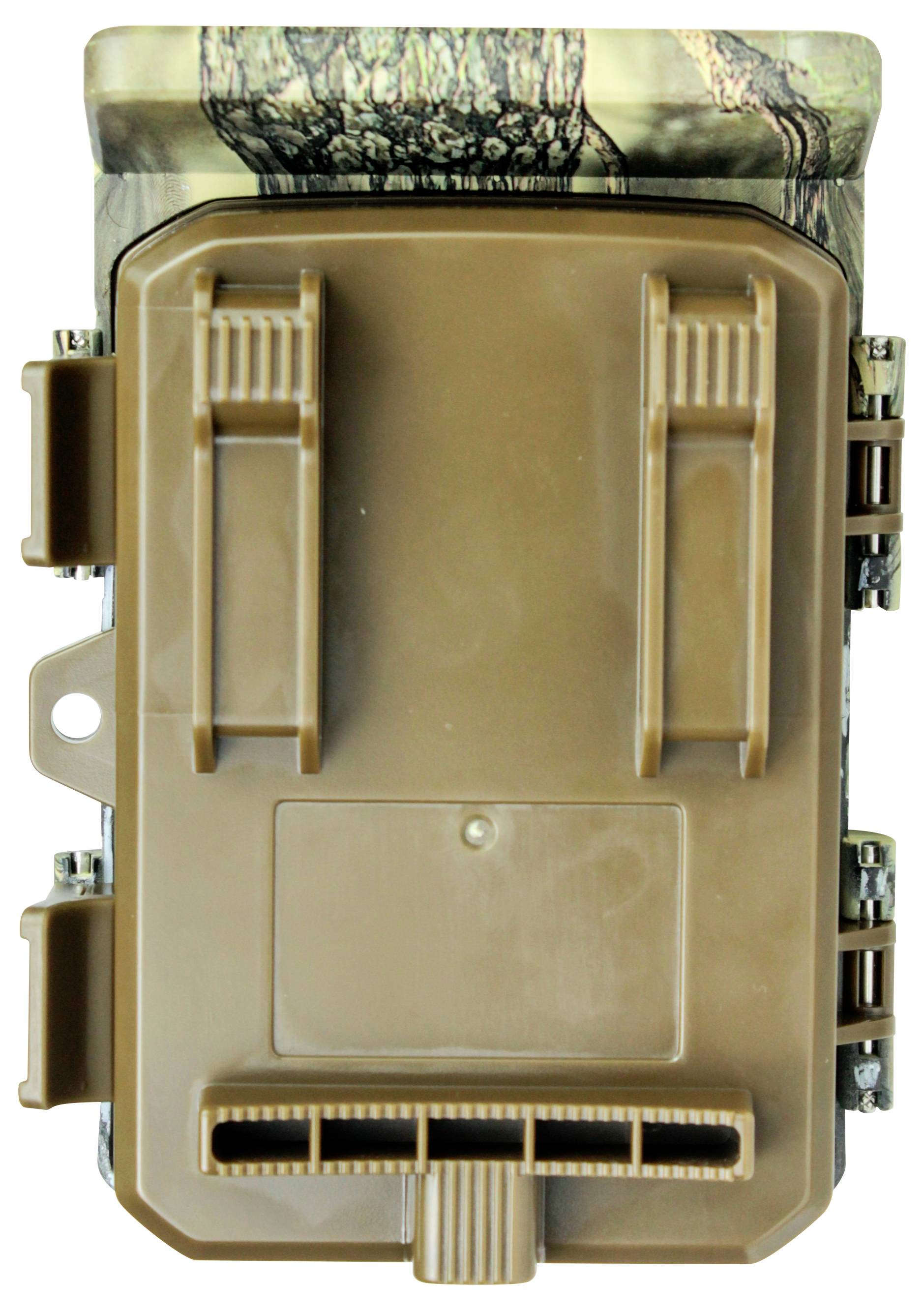 Trail camera in camouflage colouring with a robust plastic casing and seals, suitable for wildlife observation.