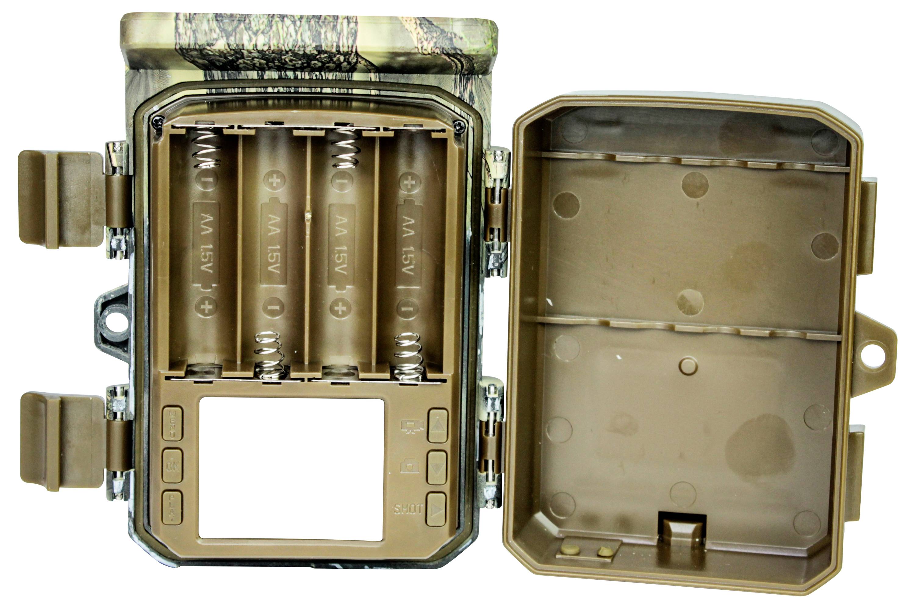 'Wildlife camera housing opened' shows interior with battery compartments and blank display, suitable for outdoor recordings.