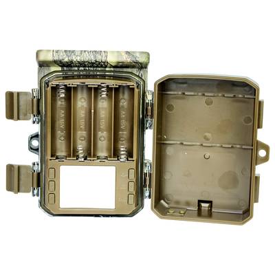 'Wildlife camera housing opened' shows interior with battery compartments and blank display, suitable for outdoor recordings.