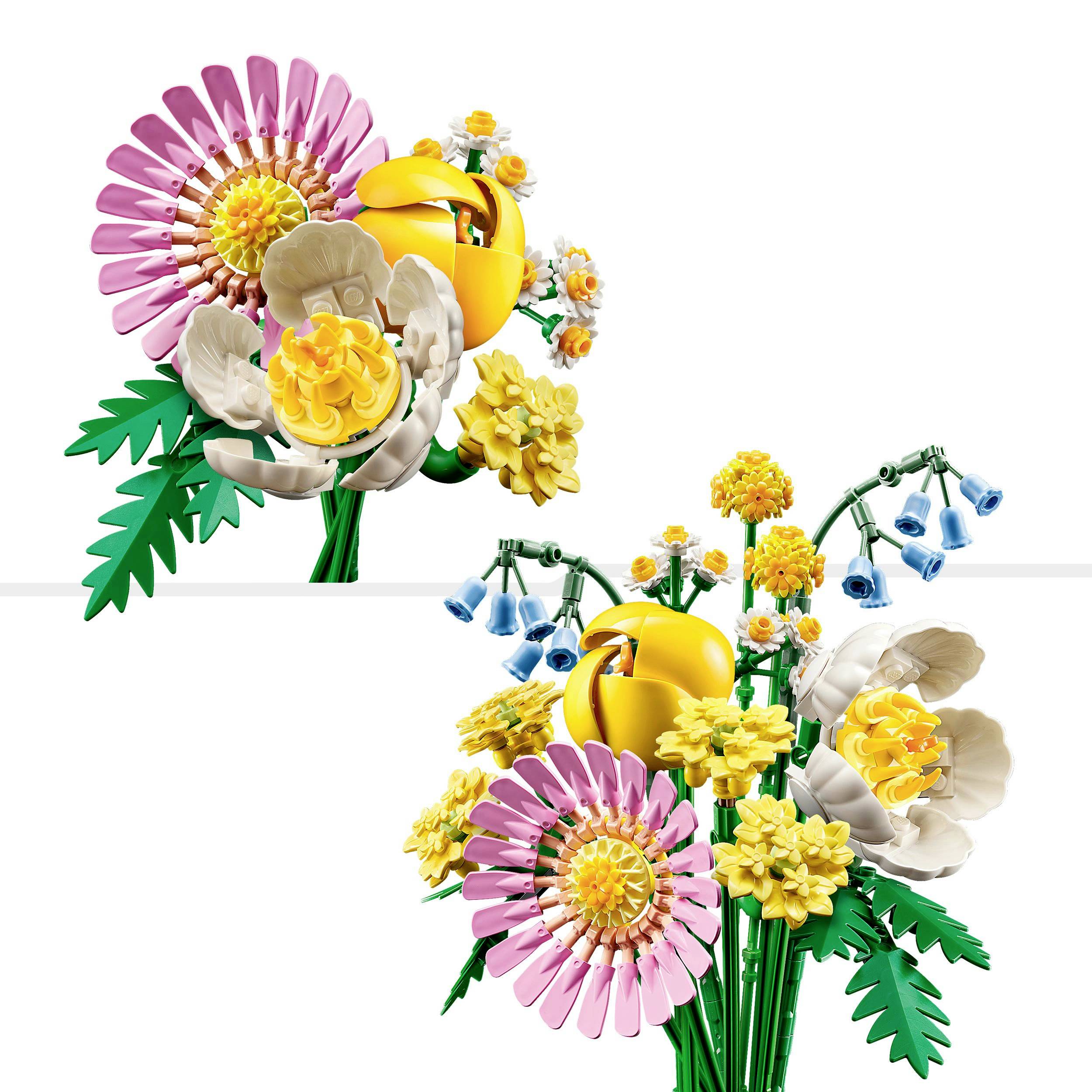 A vibrant bouquet of pink, yellow, and blue flowers with intricate blooms and green leaves, artistically arranged.