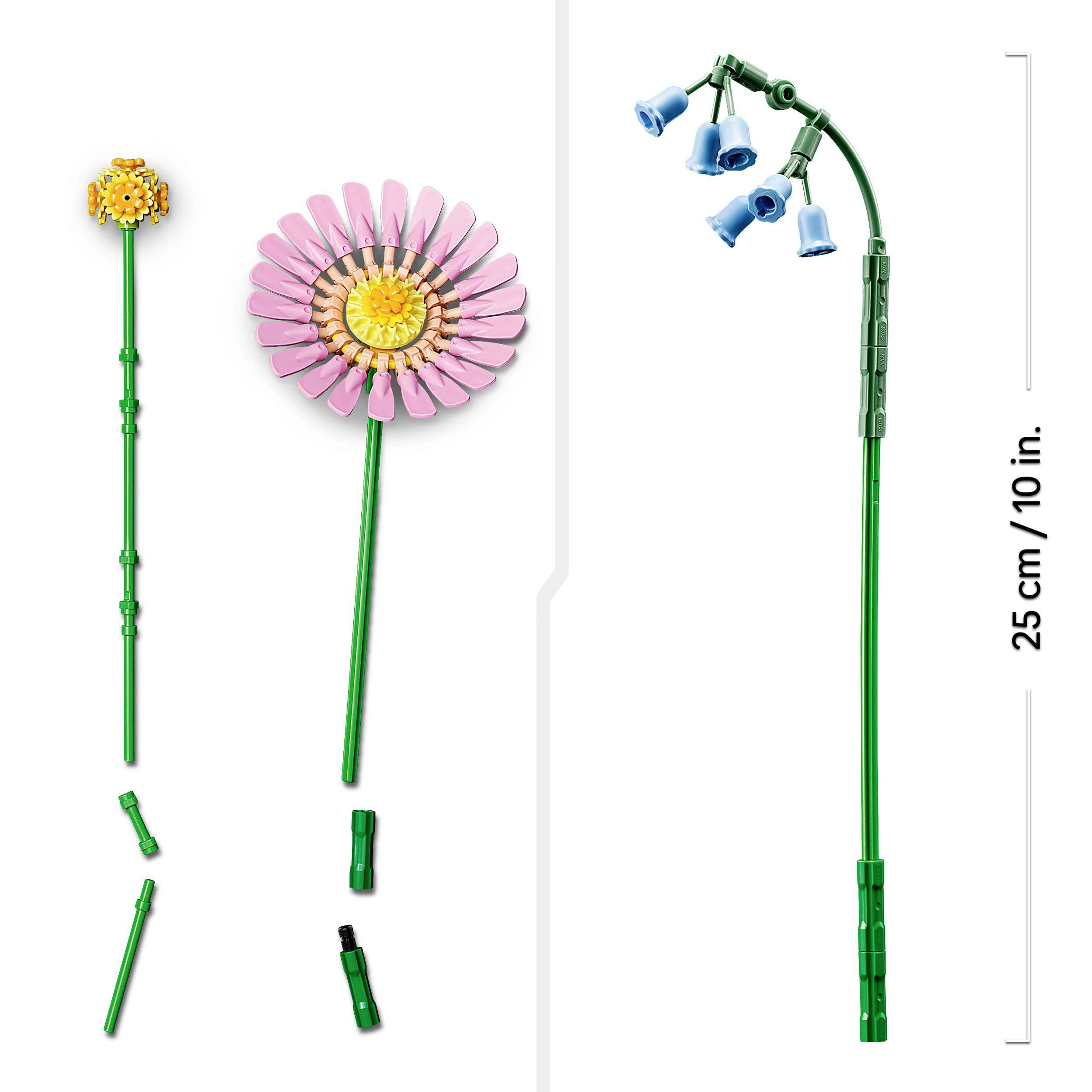 Lego Flower Set: On the left, a yellow globe flower with pink petals, on the right a blue bellflower. Height 25 cm / 10 in.