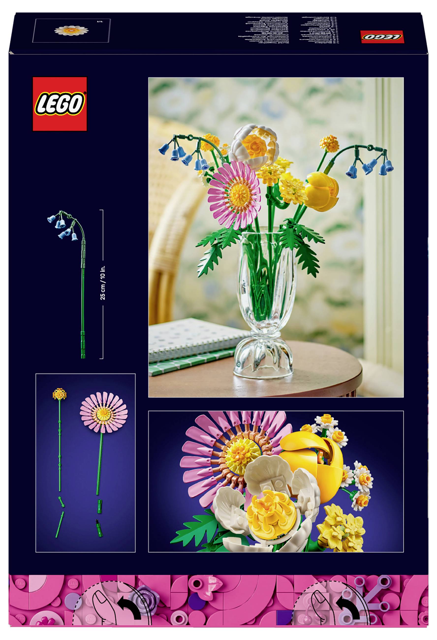 LEGO set packaging shows a bouquet of colourful flowers, including daisies and roses, in a clear glass vase on a table.