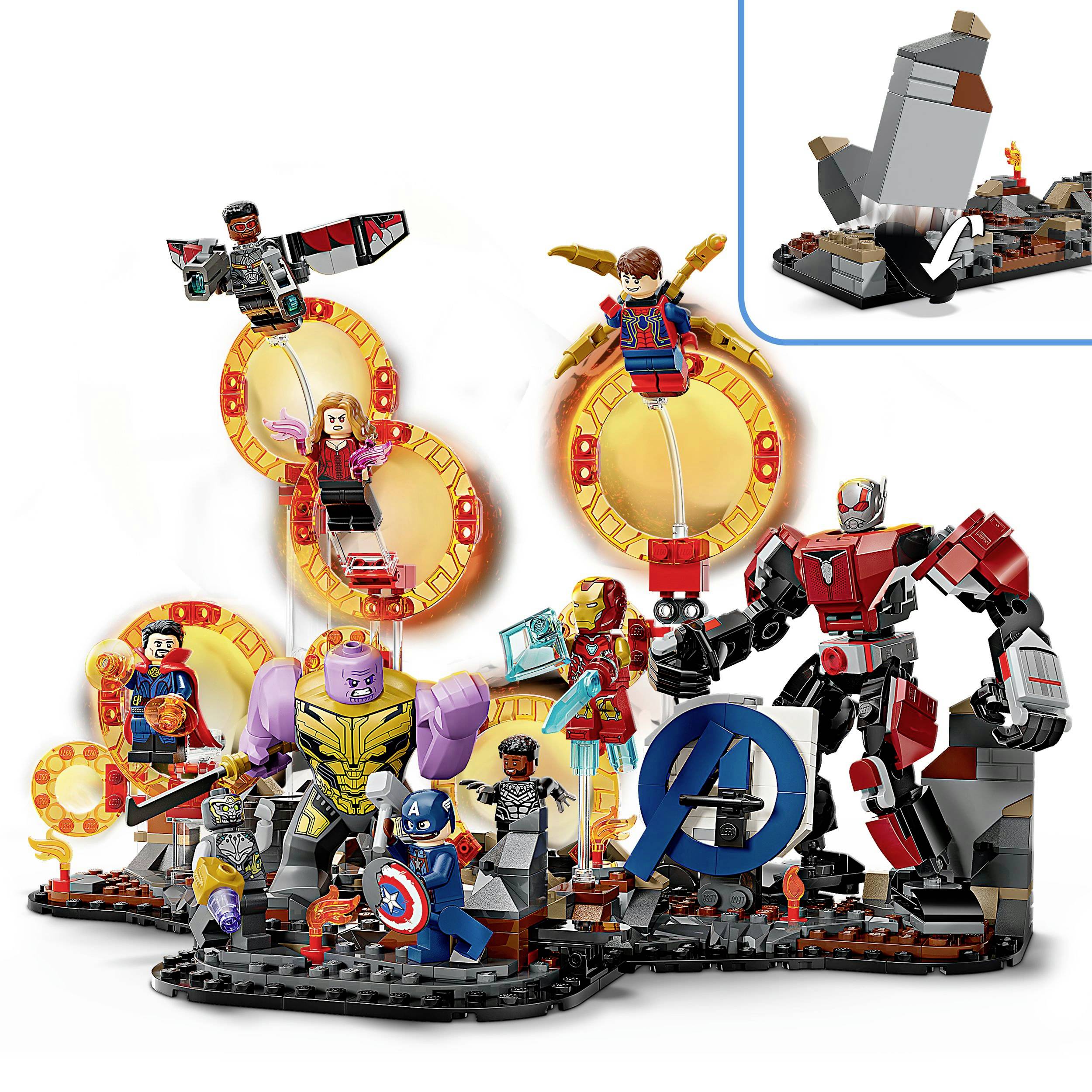 A group of action figures and a giant robot are fighting on a futuristic platform with glowing circles in the background.
